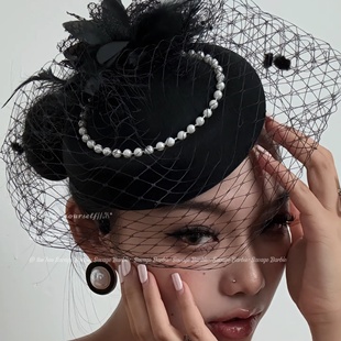 复古民国千金风黑色网纱羽毛礼帽高级感气质花朵珍珠名媛晚宴帽子