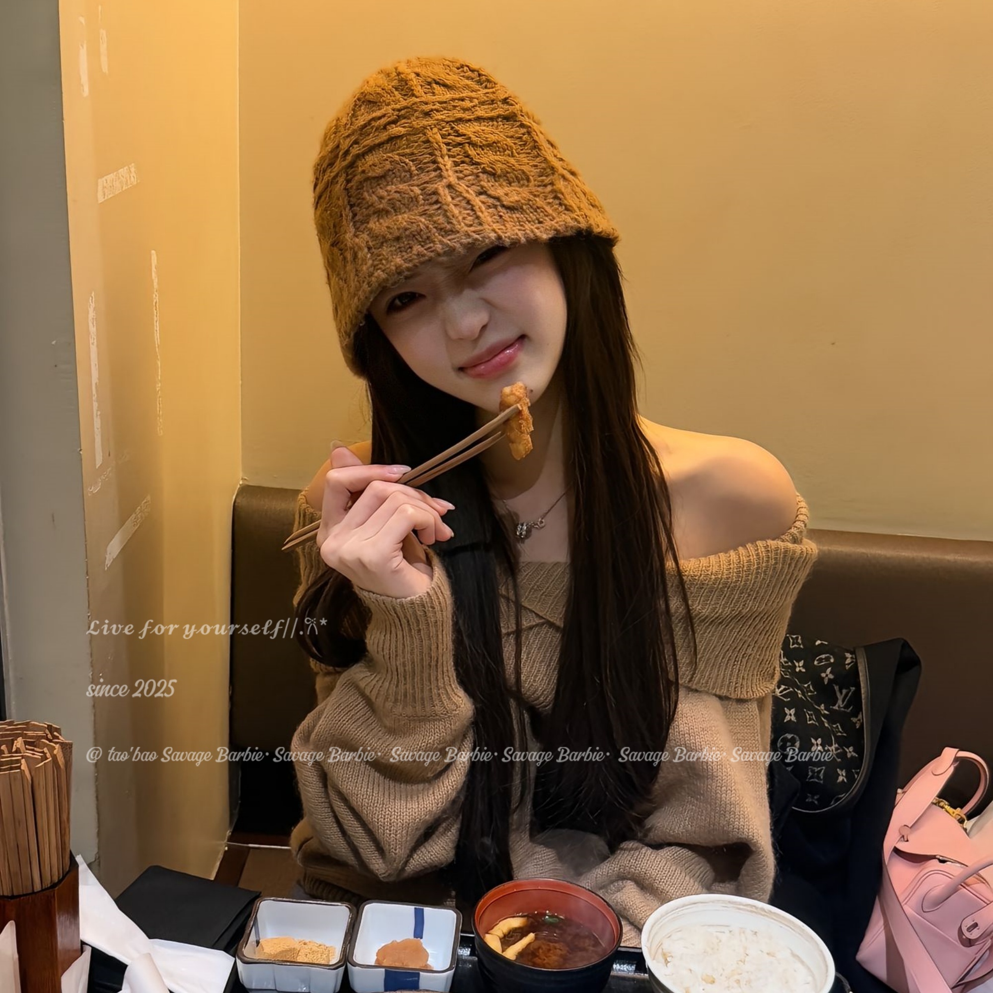 韩系复古手工棕色针织帽子