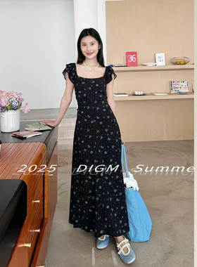 DIGM法式U领碎花连衣裙女夏设计感露背收腰显瘦高个子气质长裙子