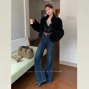 子高腰显瘦不贴腿微喇裤 DIMO黑色加绒牛仔裤 裤 型超好看 冬加厚版