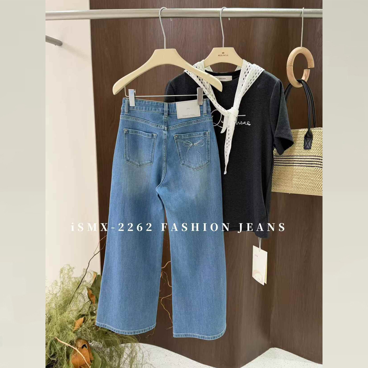 ismx小个子蝴蝶结刺绣微喇裤2026新款梨型身材显瘦九分筒叭牛仔裤