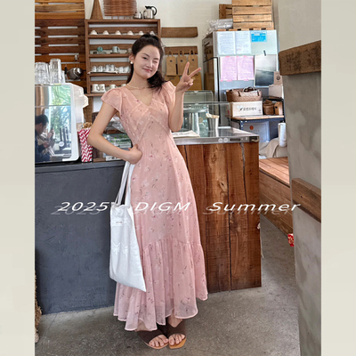DIGM法式V领碎花连衣裙女夏长裙