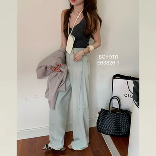 Boyiyiyi浅蓝色牛仔裤阔腿宽松梨型身材裤子春秋款弯刀裤拖地长裤