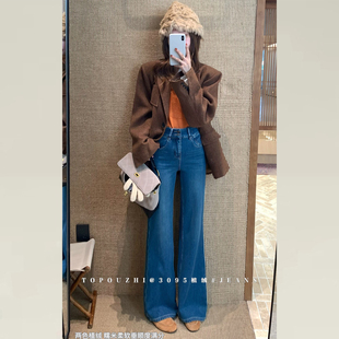 子不贴腿喇叭裤 TOP秋冬加绒蓝色牛仔直筒微喇裤 裤 型超好看 女 版