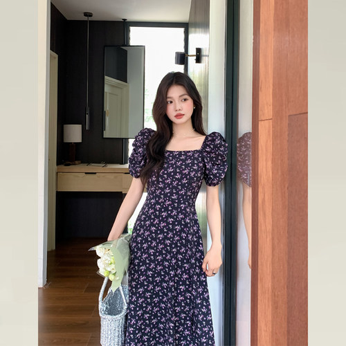 高个子夏季法式黑色碎花连衣裙女