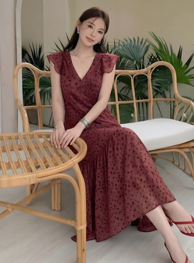 BLOSSOM红色波点连衣裙女夏海岛风海边ootd穿搭收腰显瘦气质长裙