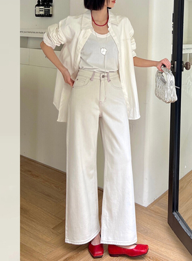 ISMX白色阔腿牛仔裤女2026早春新款高腰显瘦松驰感直筒长裤11716