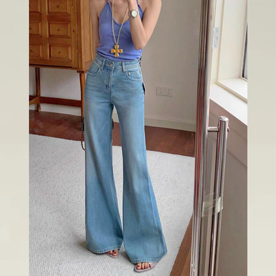浅蓝色微喇牛仔裤女夏薄款拖地裤