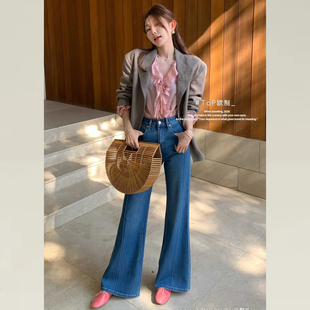 微喇叭裤 TOP欧制早春新款 型超好看 女高腰显瘦版 7853 蓝色牛仔裤