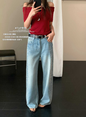 TOP欧制爆闪烫钻牛仔裤阔腿宽松2026早春款版型超好看的裤子61681