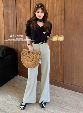 TOP小个子奶杏色微喇牛仔裤新款女高腰显瘦版型超好看的裤子3101