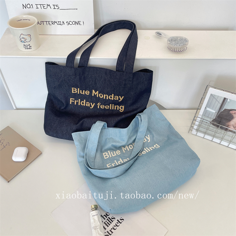 小白兔几 韩版ins刺绣字母牛仔布时尚帆布包通勤包单肩手提托特包