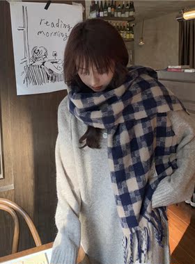 小白兔几 韩系格子流苏ins围巾女秋冬季百搭学生保暖氛围感围脖