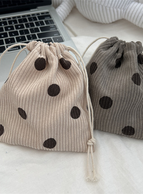 小白兔几  复古灯芯绒波点收纳袋化妆包杂物整理袋小号抽绳束口袋