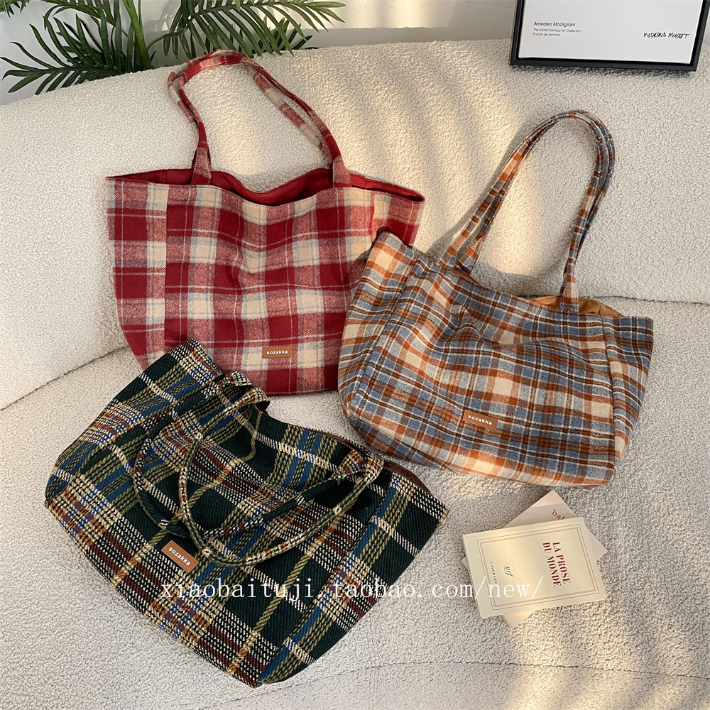 小白兔几 韩版复古毛呢格纹大容量单肩购物袋慵懒风双面包手提袋,箱包皮具/热销女包/男包,通用款女包,淘宝优惠券,粉丝福利购,淘宝优惠卷