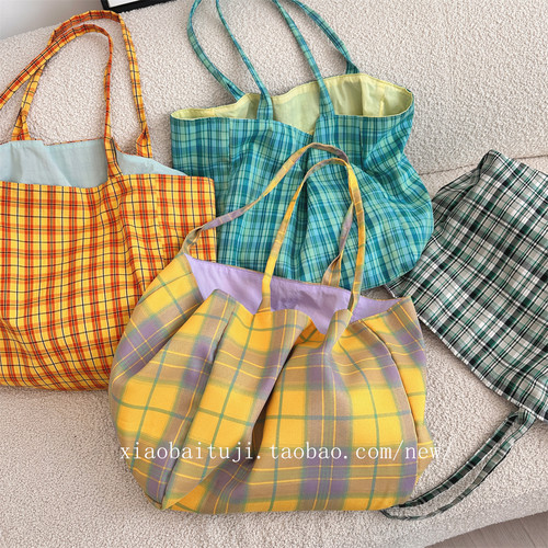 新款格子双面两用单肩包女