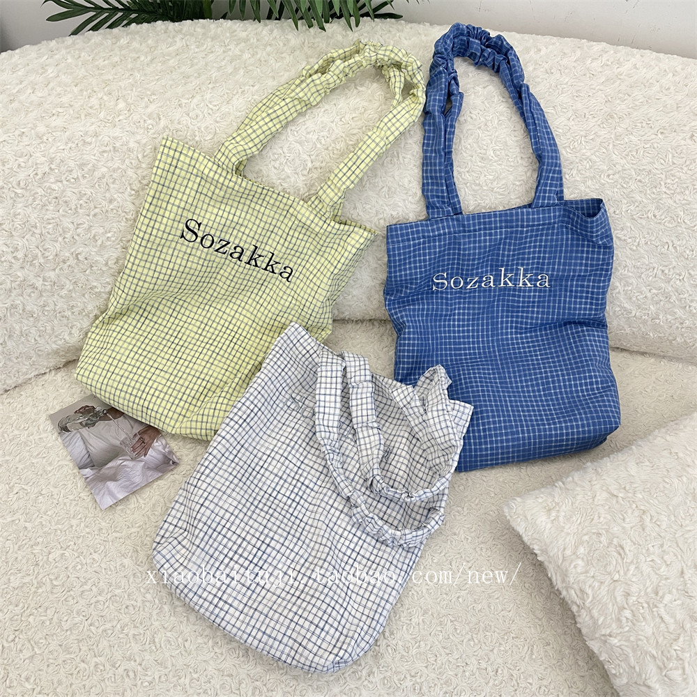 小白兔几  韩系甜美帆布包手提袋秋季大容量印花格子撞色单肩包