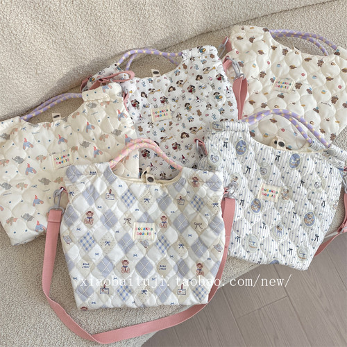 绗缝夹棉韩国卡通图案手拎包