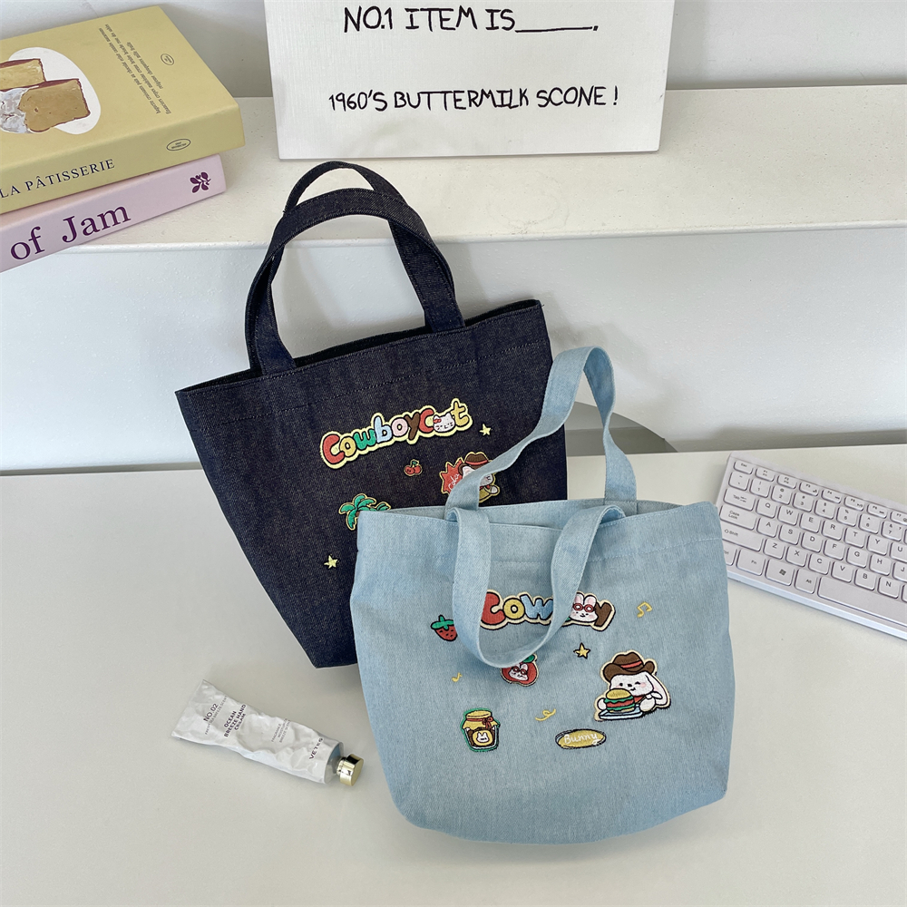 小白兔几可爱牛仔刺绣手拎包便携收纳外出手腕包大容量手提便当包