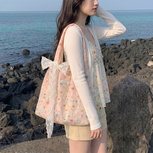 小白兔几碎花网纱大容量托特包袋