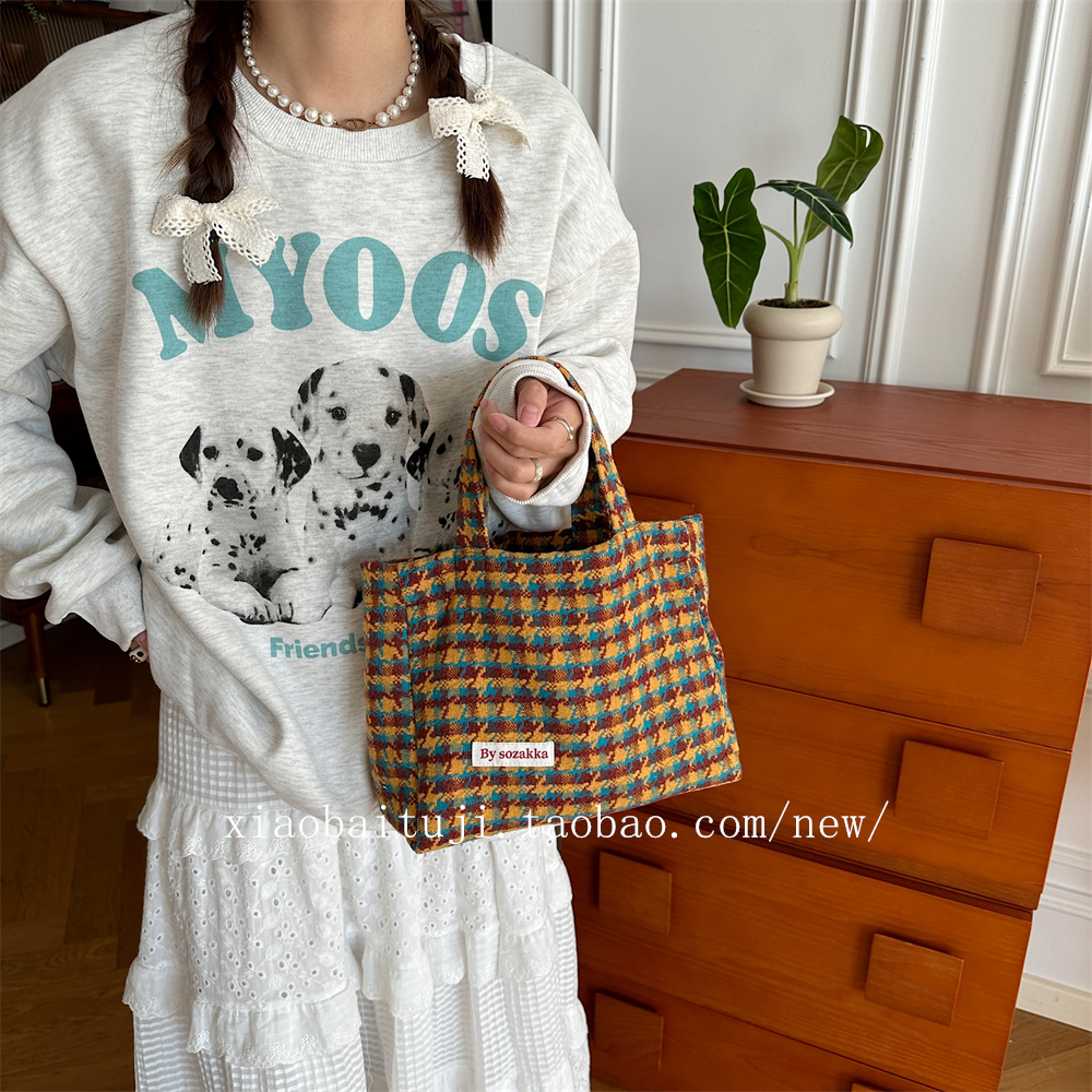 安若木兮复古风毛呢手提包