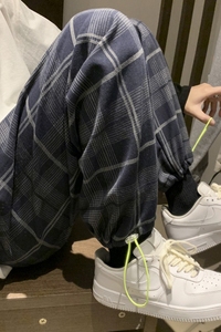 春季薄运动裤男宽松束脚裤休闲哈伦裤港风ins格子卫裤 K1815/P35图片