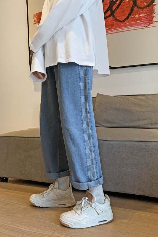 21春季新款港风休闲格子牛仔裤男韩版宽松直筒九分裤子K7066/P45,男装牛仔裤,电商D202-1