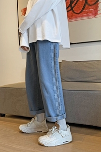 21春季新款港风休闲格子牛仔裤男韩版宽松直筒九分裤子 K7066/P45图片