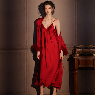 法式 睡衣女春夏高级感冰丝性感吊带睡袍两件套长睡裙结婚新娘晨袍