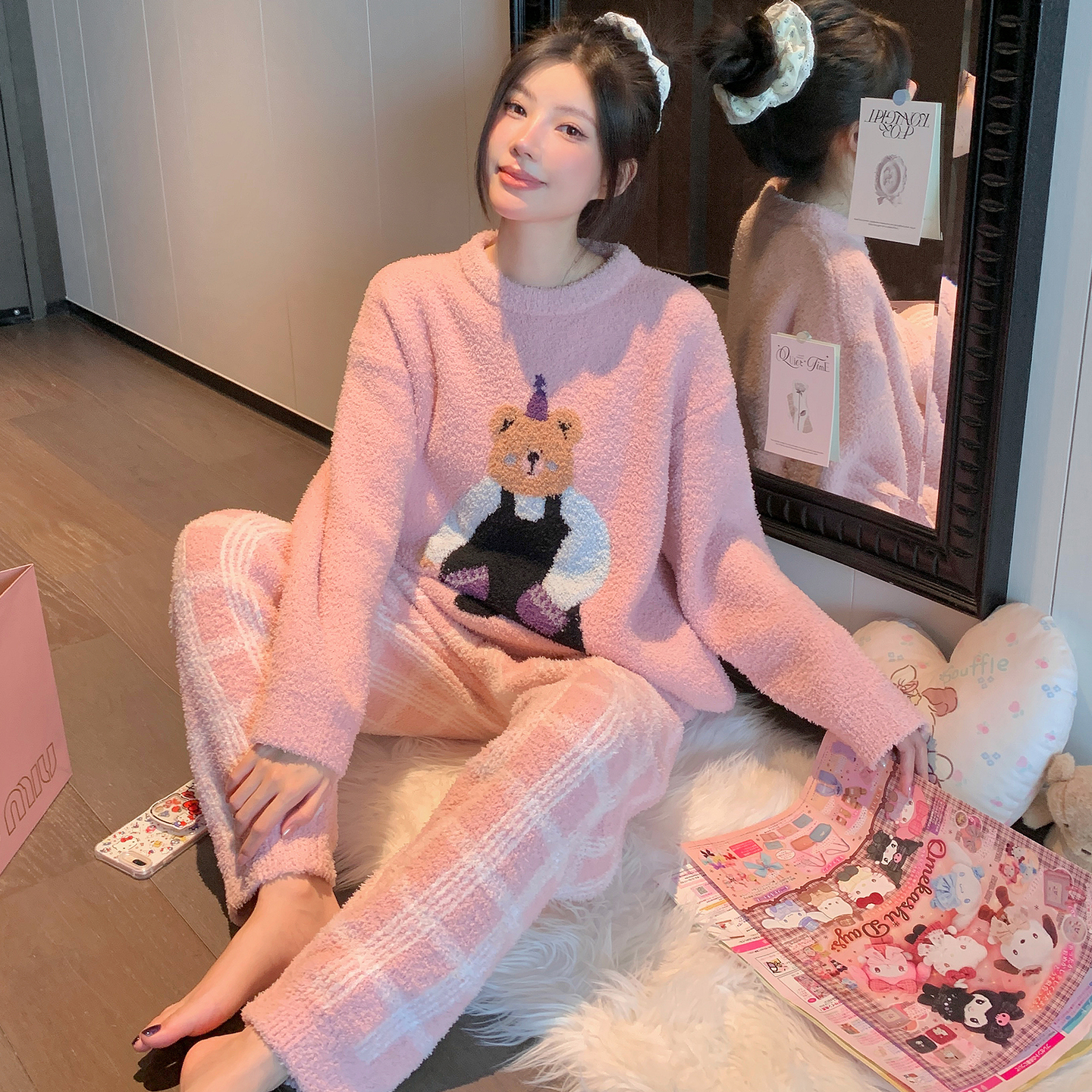 半边绒睡衣女圆领套装冬季