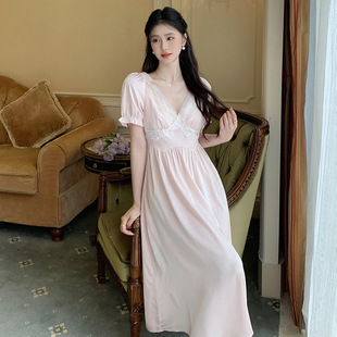 长睡裙带胸垫家居服 睡衣女2025夏季 新品 高级冰丝绸法式 宫廷风短袖