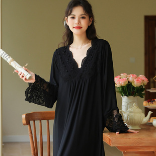 法式宫廷睡衣女2026秋莫代尔网纱黑色显瘦长款睡裙高级宽松家居服