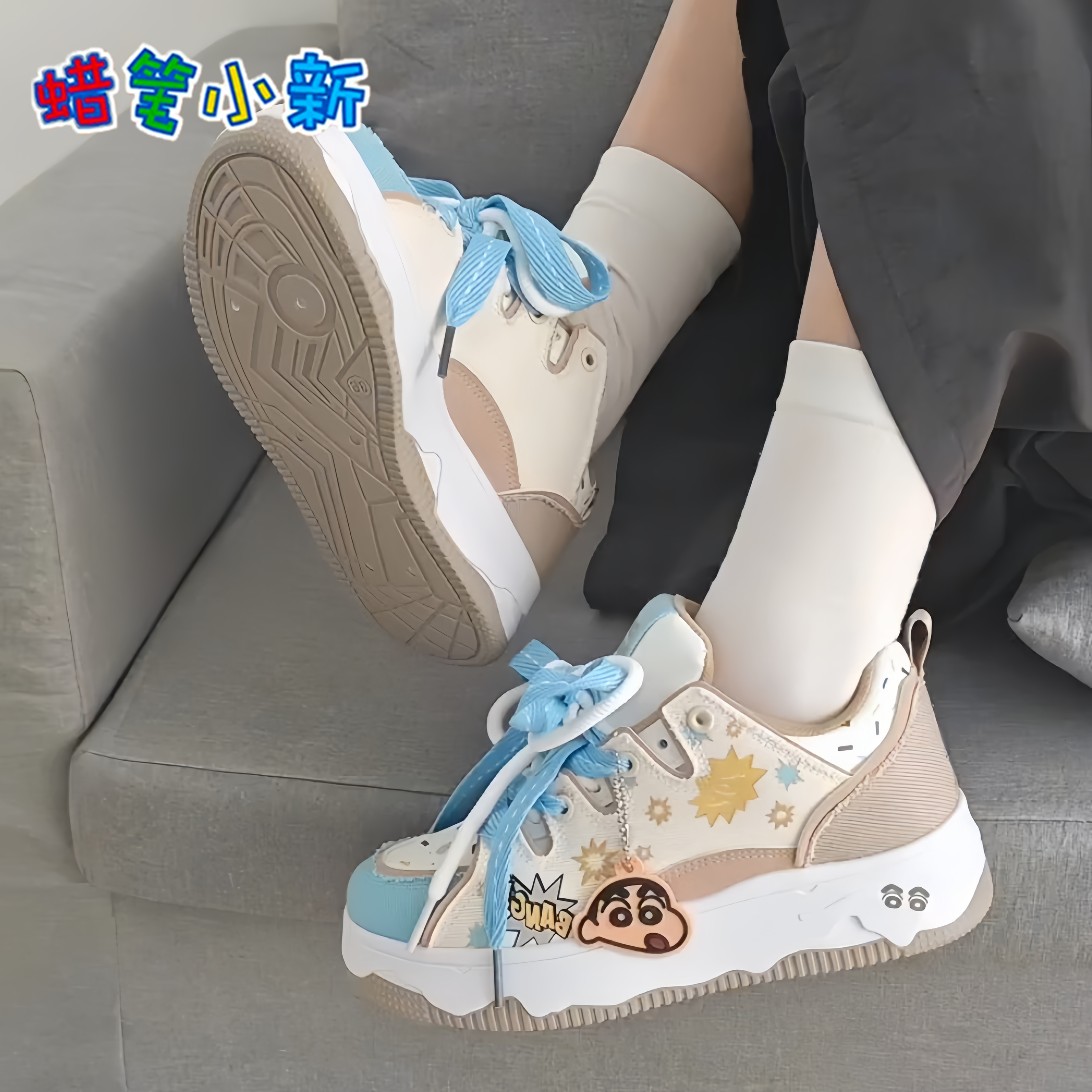 蜡笔小新板鞋女动漫涂鸦夏季面包鞋厚底情侣款时尚休闲学生小白鞋