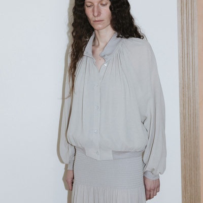 monoha26ss春夏韩代 微透罗纹高领设计感褶皱长袖衬衫外套