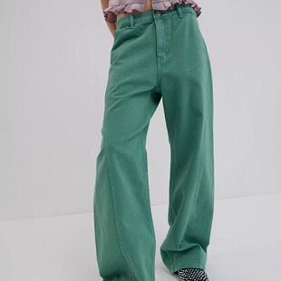 overdueflair 高腰显瘦阔腿裤 韩国代购 韩版 绿色弯刀休闲裤 26ss