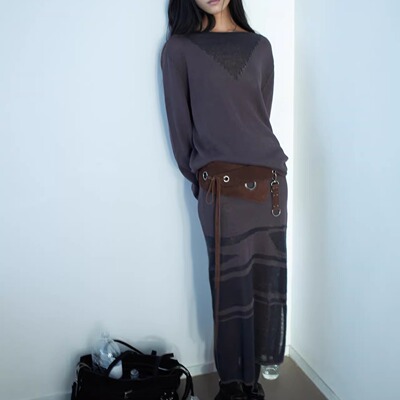 verso 26春夏 设计感套头长袖圆领上衣长款A字裙长袖半身裙套装女