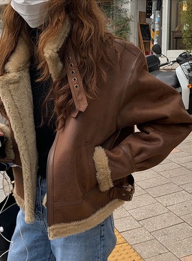 Last dans羊羔毛皮毛一体外套女2025新款保暖短款宽松机车服夹克