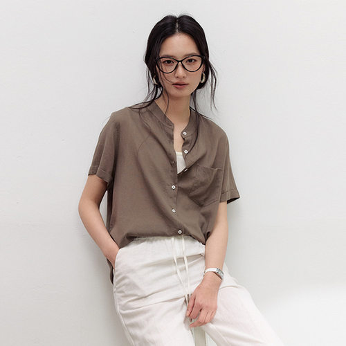 天丝亚麻衬衫女短袖夏简约纯色