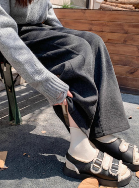 Last danse加绒醋酸羊绒休闲裤女宽松慵懒风垂坠感长裤灰色阔腿裤