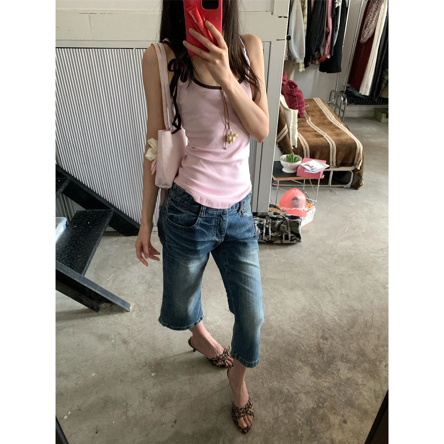 Last danse美式复古蓝低腰辣妹七分牛仔裤女微喇夏宽松显瘦休裤子