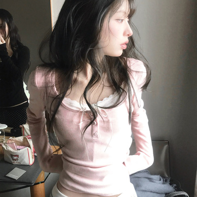 韩系蕾丝拼接T恤女长袖2026