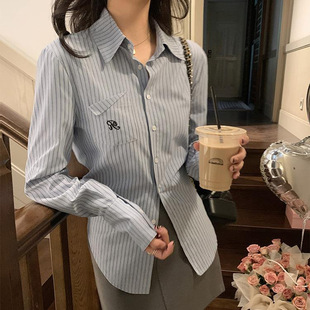 女长袖 Last danse 韩系学院风蓝色条纹衬衫 衬衣 内搭收腰休闲修身