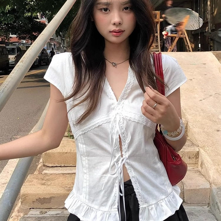 韩系白色短袖衬衫女蕾丝花边