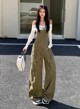 Last danse美式复古背带裤女笔袋设计宽松慵懒阔腿工装裤牛仔裤