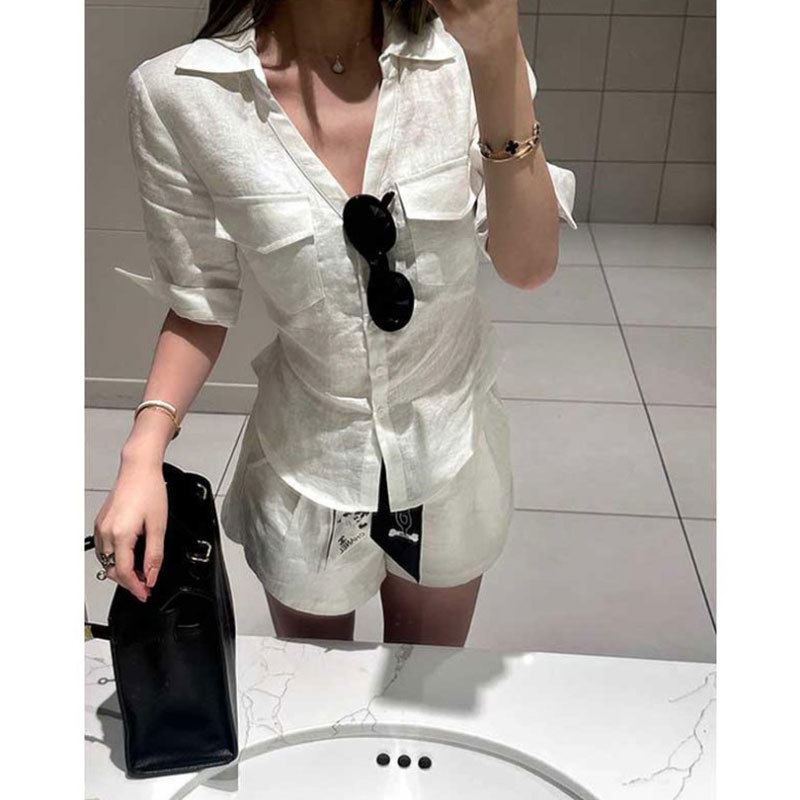 白色正肩衬衫女中袖夏修身收腰