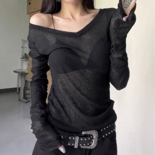 复古V领辣妹内搭打底衫 Last 美式 薄款 danse黑色防晒罩衫 女长袖