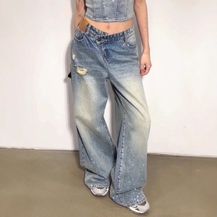 女烫钻破洞设计感解构宽松拖地长裤 复古水洗牛仔裤 danse美式 Last