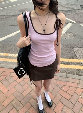 Last danse 美式辣妹粉色吊带背心女夏新款蝴蝶结修身纯欲上衣