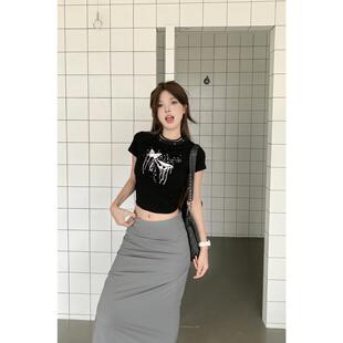 辣妹套装 Last 显瘦短款 夏正肩修身 danse美式 蝴蝶印花T恤女短袖