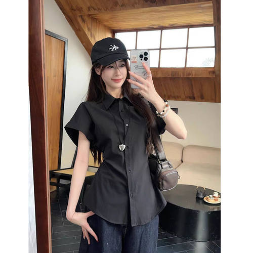 韩系黑色衬衫女短袖夏2026